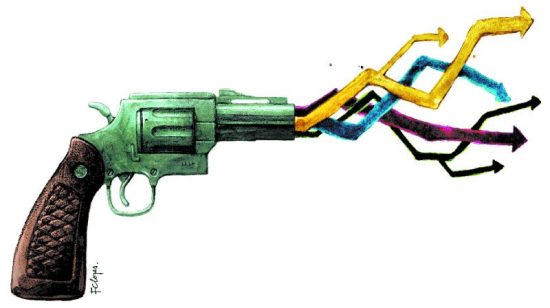 Revólver atira setas com as cores amarelo, azul, verde e vermelho.