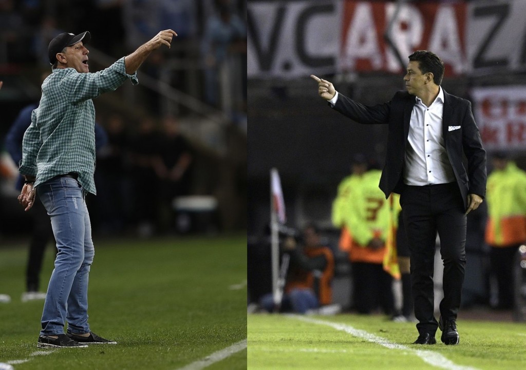 Renato Gaúcho e Marcelo Gallardo: ídolos dos clubes que dirigem. Fotos: AFP