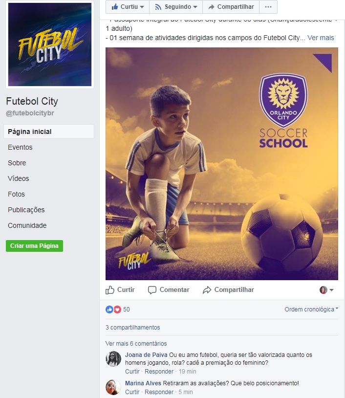 Comentário reivindicando por igualdade no evento de futebol, em Brasília / Reprodução/Facebook