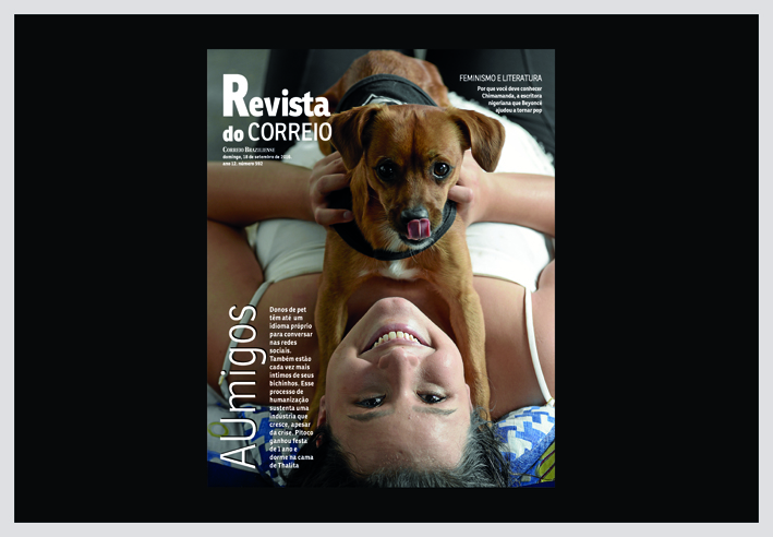 imagem mostra a capa da Revista do Correio com uma foto de uma menina deitada em uma cama com seu cãozinho.matéria sobre animais