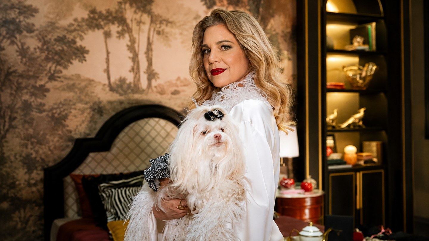 Cachorrinha Meg durante gravação da novela Quem Ama Cuida