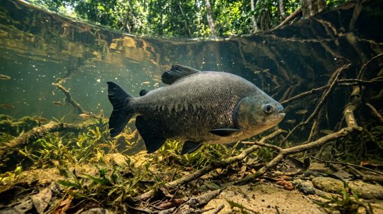 Peixe tambaqui nadando em águas de rio da Amazônia brasileira.