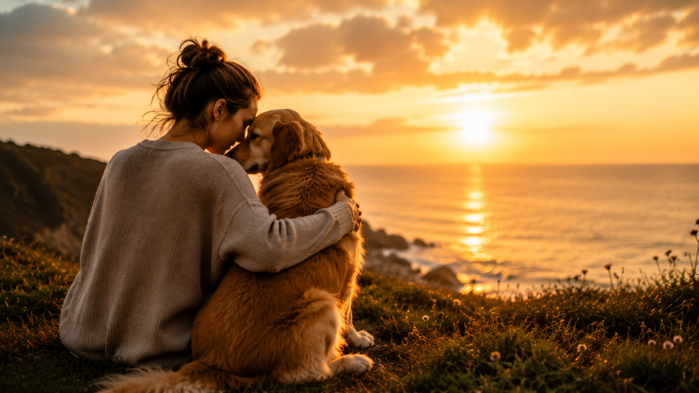 Mulher abraça cachorro durante o pôr do sol em momento de despedida e homenagem