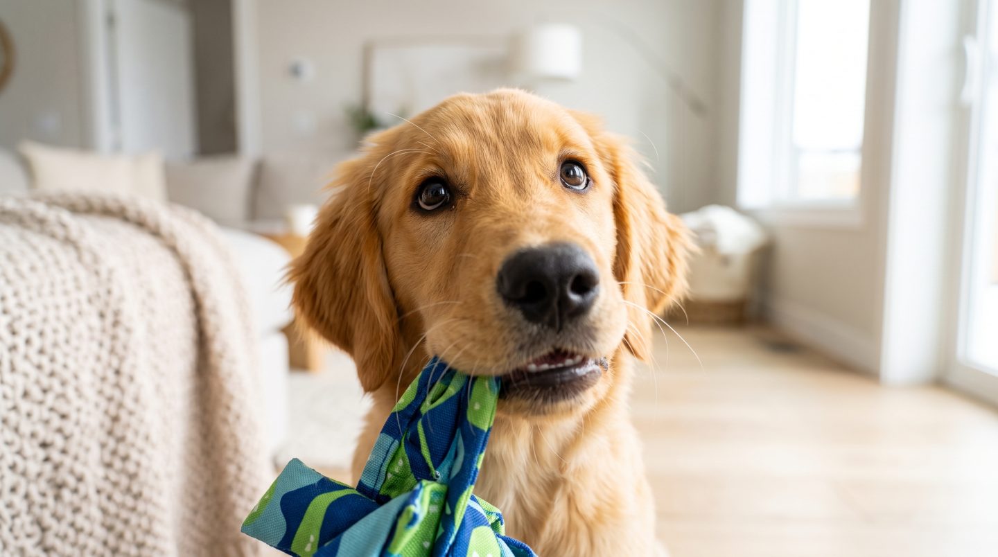 Filhote de cão da raça Golden Retriever morde um brinquedo de tecido colorido em uma sala bem iluminada, exemplificando o enriquecimento ambiental para pets