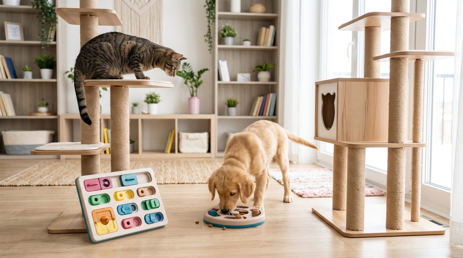 Cão e gato interagindo em um ambiente adaptado com torre de escalada e brinquedos de quebra-cabeça de madeira com petiscos