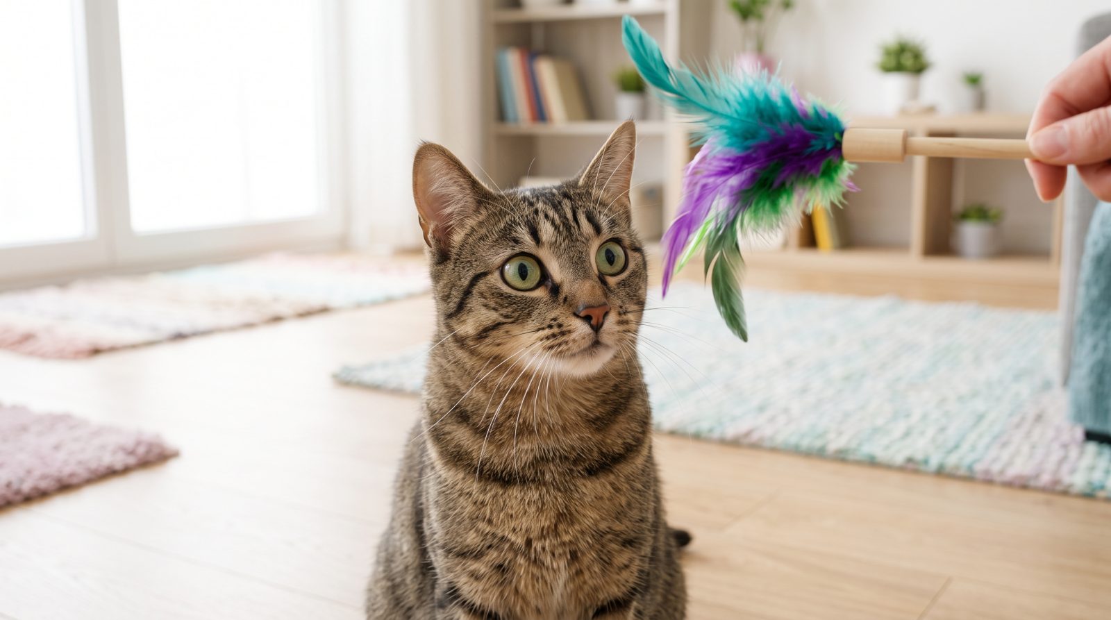Gato de pelagem listrada olhando atento para uma varinha com penas coloridas guiada pela mão do tutor em ambiente residencial