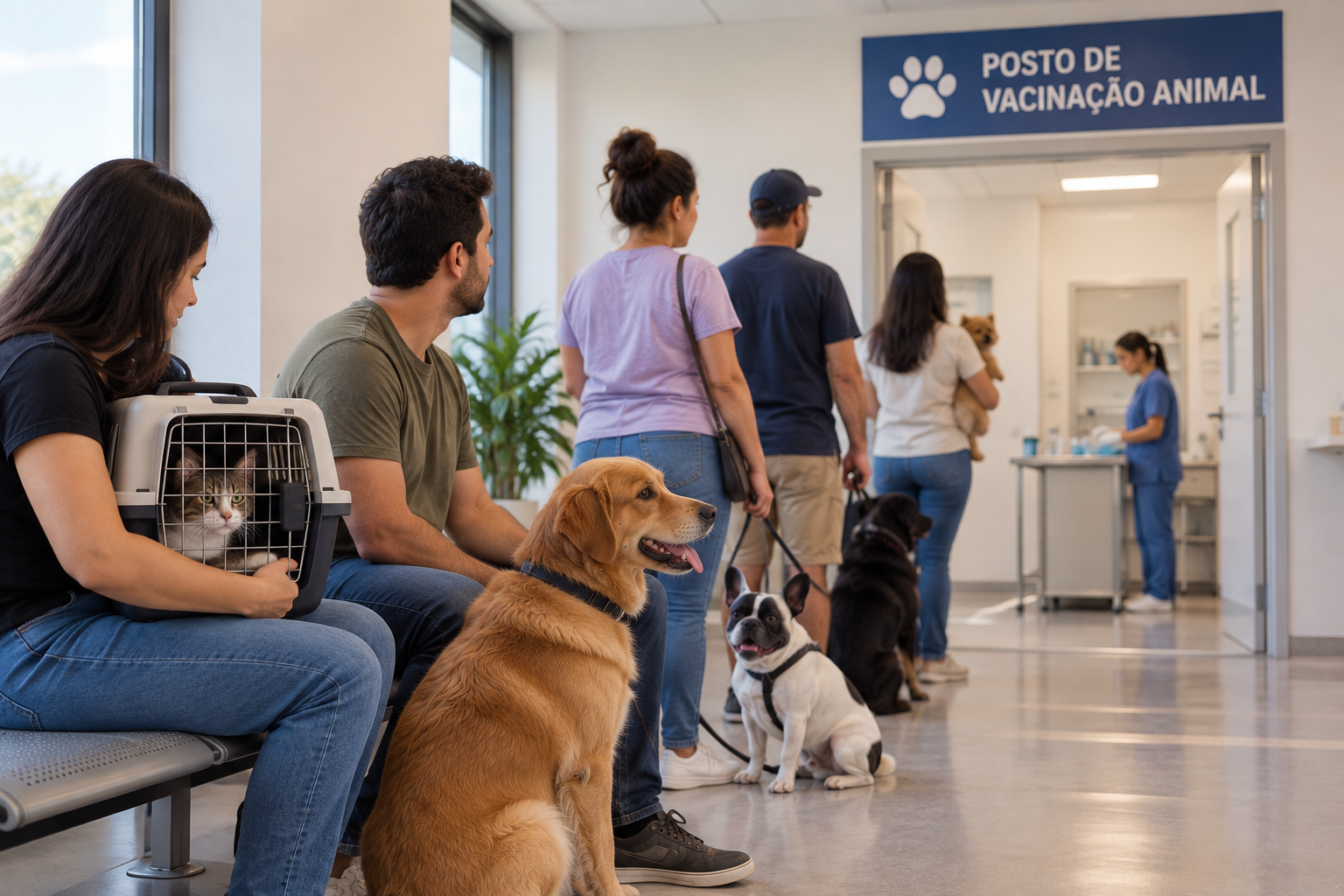 Cães e gatos aguardam vacinação acompanhados de seus tutores em posto de vacinação animal