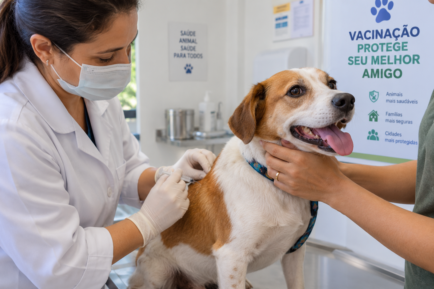 Cão recebendo vacina antirrábica em posto de saúde no Dia Mundial de Combate à Raiva