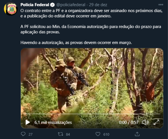 Polícia Federal prevê aplicação de provas do concurso em março