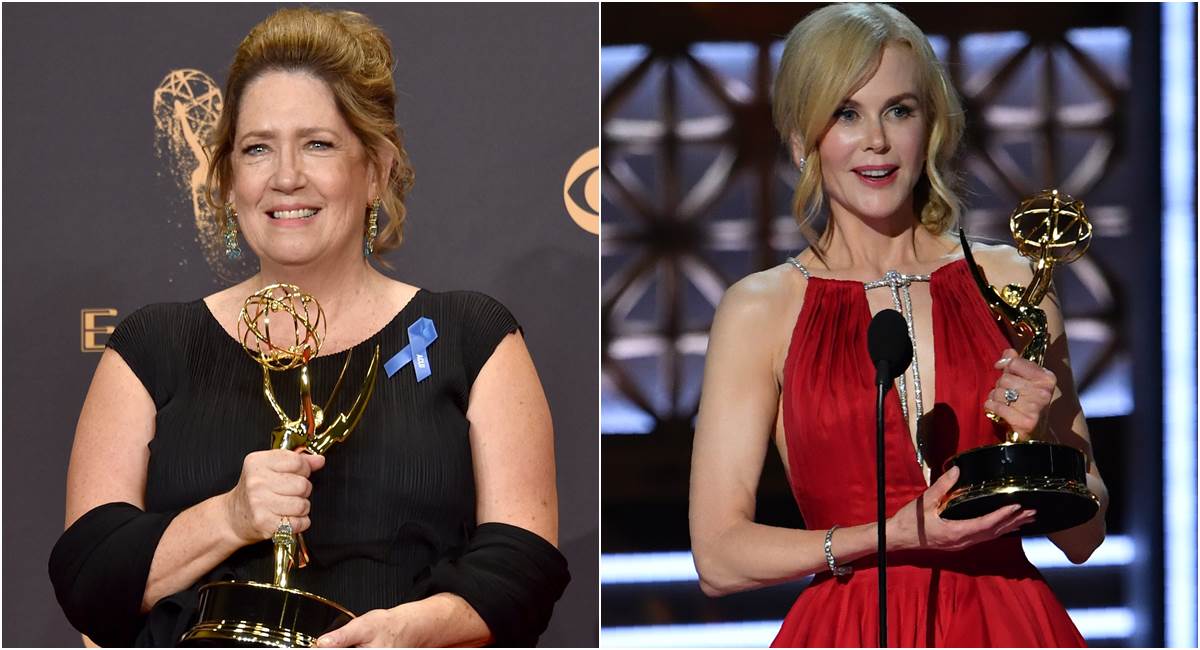 Ann Dowd, de The handmaid's tale, e Nicole Kidman, de Big little lies com seus respectivos Emmys