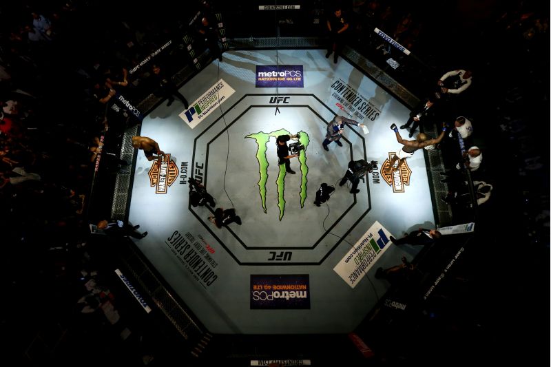 ANAHEIM, CA - JULY 29: An overhead view of the Octagon as Jon Jones is introduced prior to his light heavyweight championship bout against Daniel Cormier during the UFC 214 event at Honda Center on July 29, 2017 in Anaheim, California. Sean M. Haffey/Getty Images/AFP== FOR NEWSPAPERS, INTERNET, TELCOS & TELEVISION USE ONLY ==